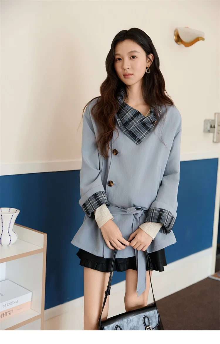 Mishow Blue Plaid Two-Sided Trench Coat MXE48W0871