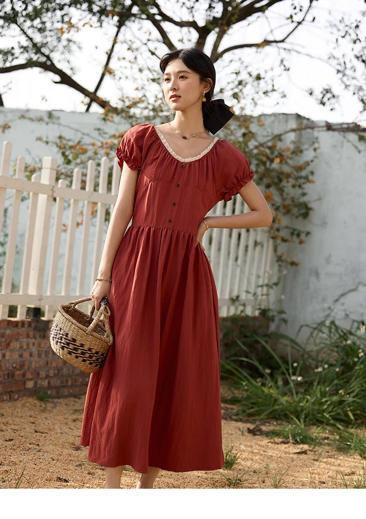 Mishow French Puff Sleeve Lace Neck Long Dress MXE35L2297