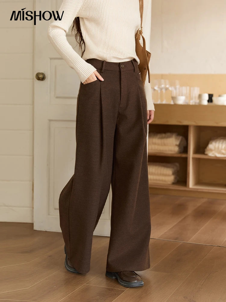 MISHOW Brown Wide-Leg Pants High Waist Drape Trousers MXE51K1094