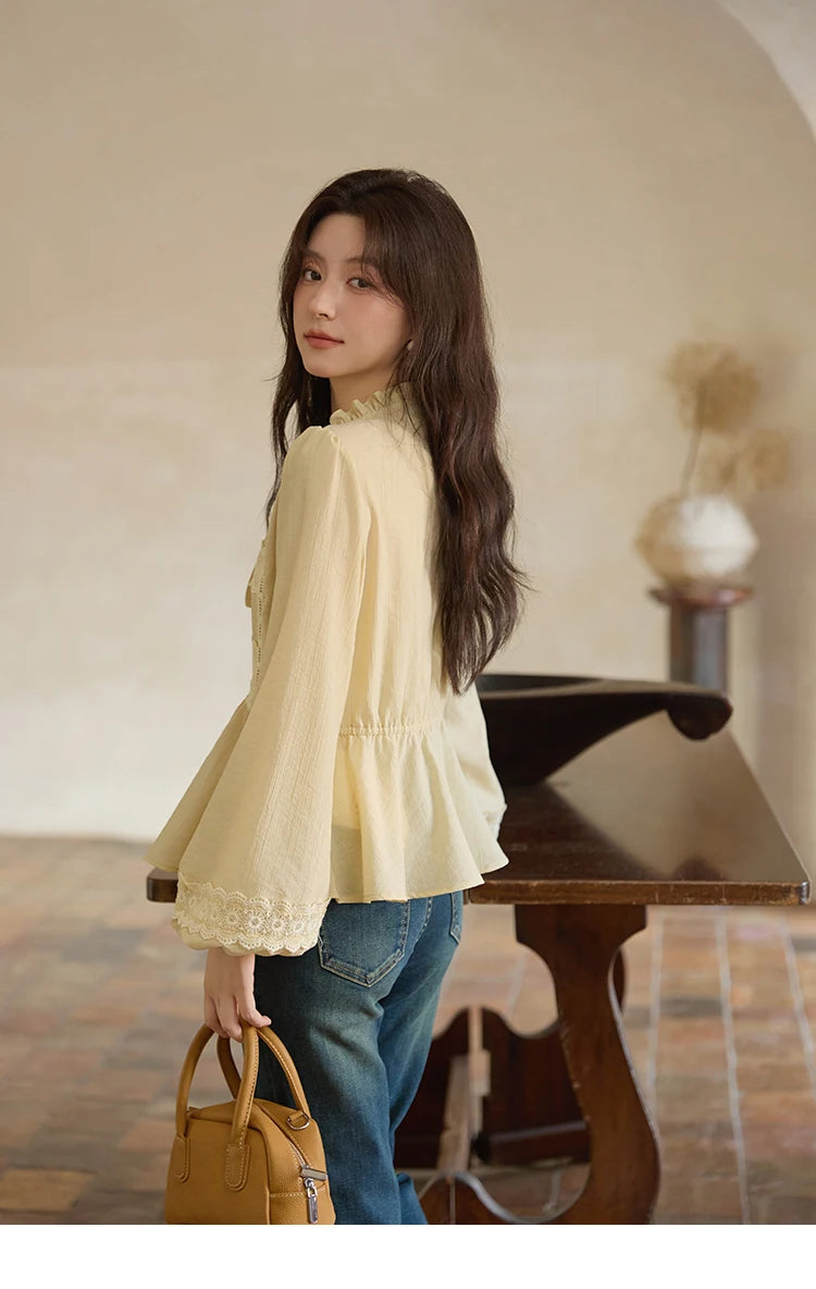 MISHOW French V-Neck Blouse Lace Patchwork Lantern Sleeve MXE41X1925