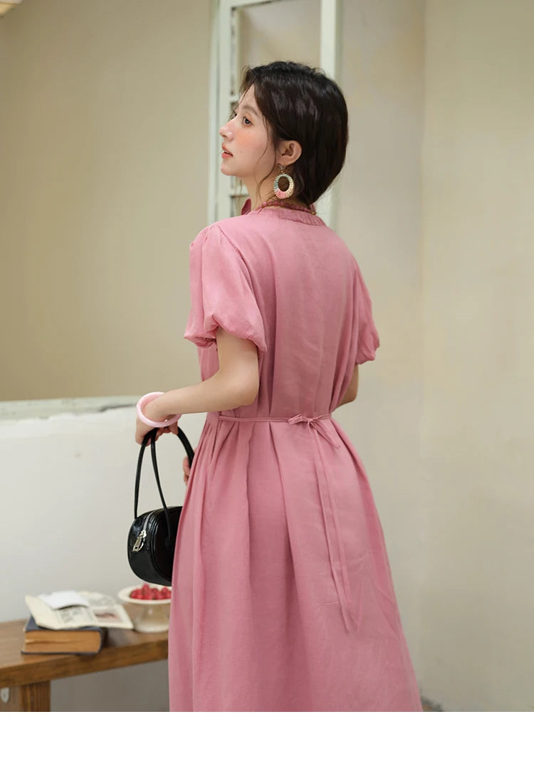 Mishow V-Neck Puff Sleeve Pocket Sash Dress MXE39L2381
