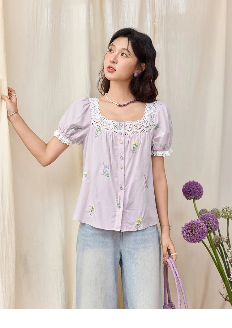 MISHOW Lace Patchwork Square Collar Blouse Puff Sleeve MXE36X1830