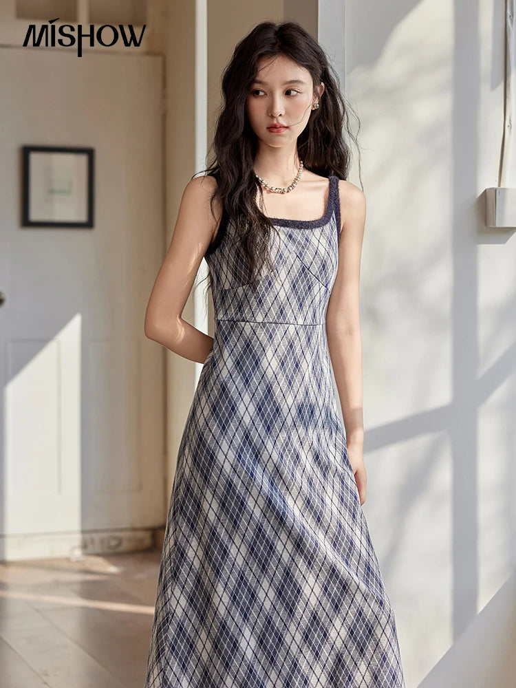 Mishow French Knitted Cardigan & Plaid Camisole Dress Set MXD43L2012