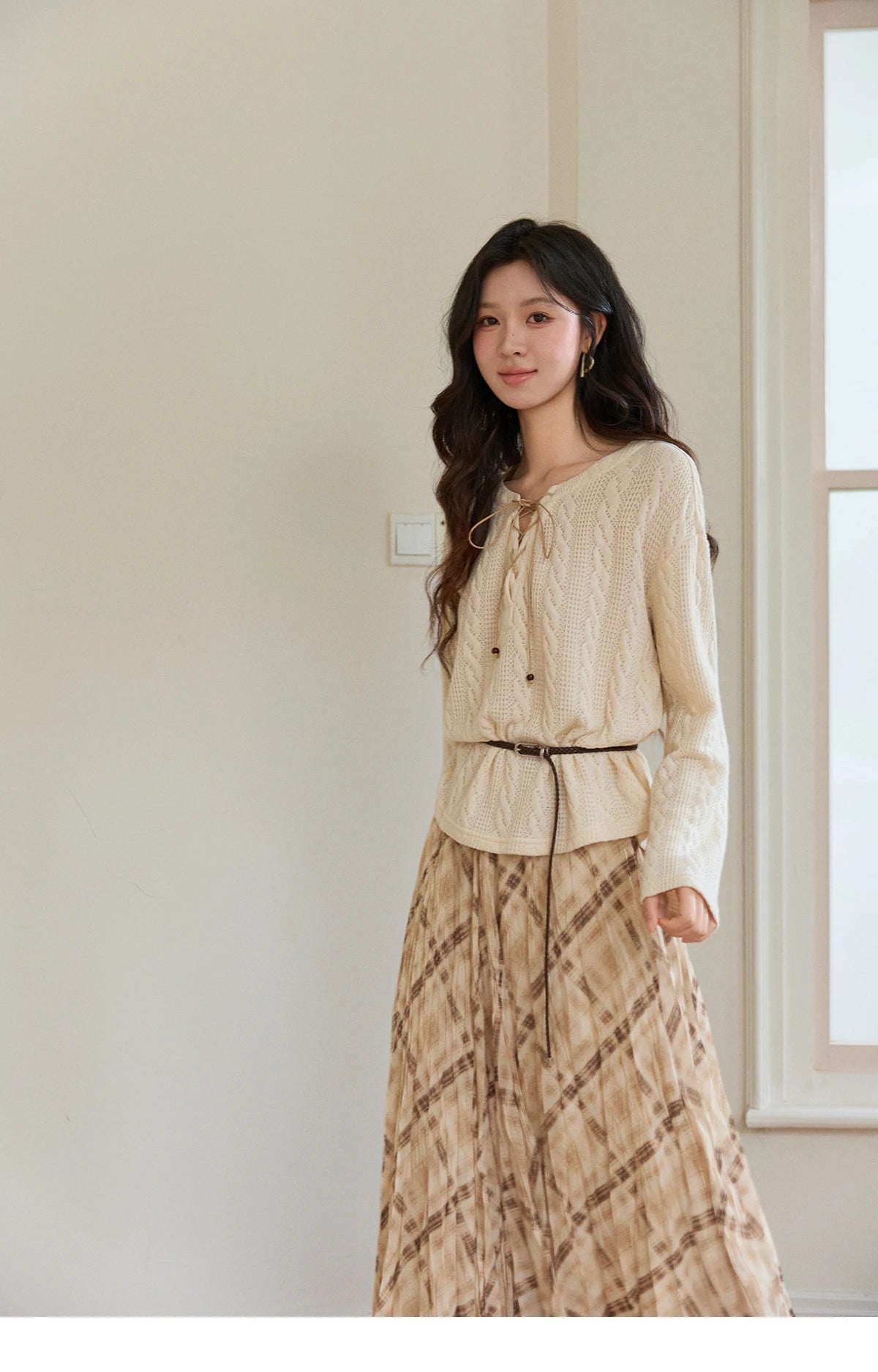 Mishow Beige V-Neck Lace-Up Cable Knit Sweater MXF108Z1029