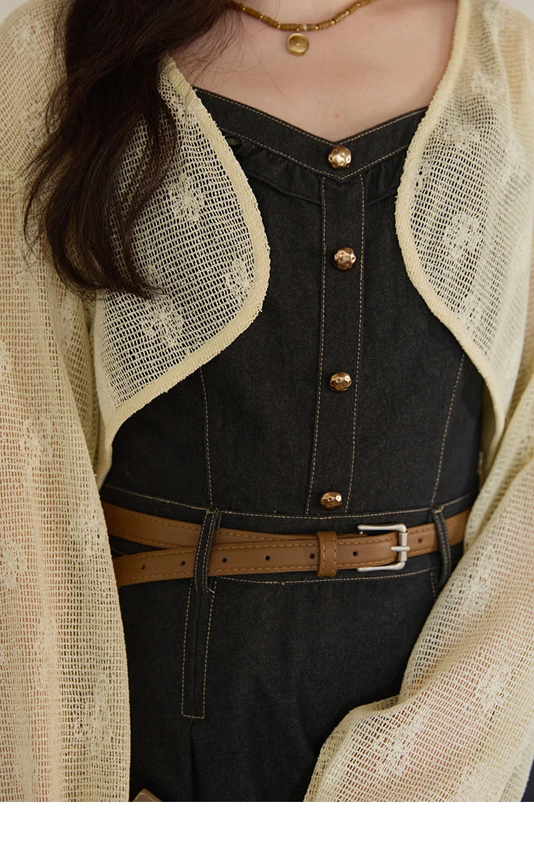 Mishow Lantern Sleeve Cardigan & Denim Strap Dress Set MXE41T0704