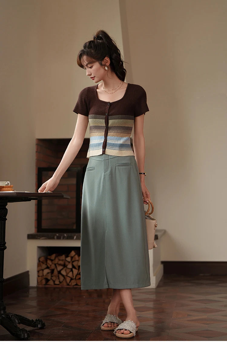 MISHOW Suit Straight Midi Skirt High Waist Slim Front Fork Rear Elastic MXC15B0026