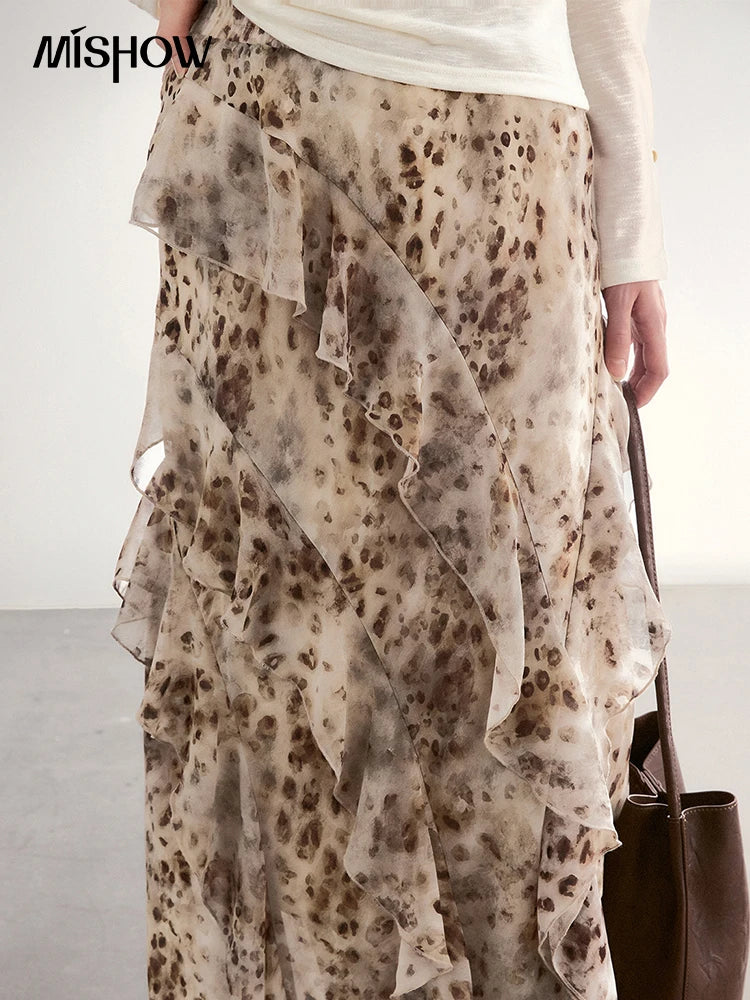 MISHOW Leopard Print Maxi Skirt Ruffled Chiffon Elastic Waist MXF108B0772