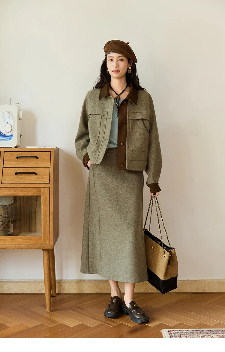 Mishow Contrast Suede Patchwork Wool Coat MXE46W0844