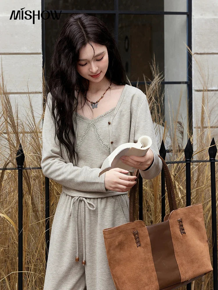 Mishow French Lace Splicing Camisole Cardigan & Straight Pants Set MXD47T0405