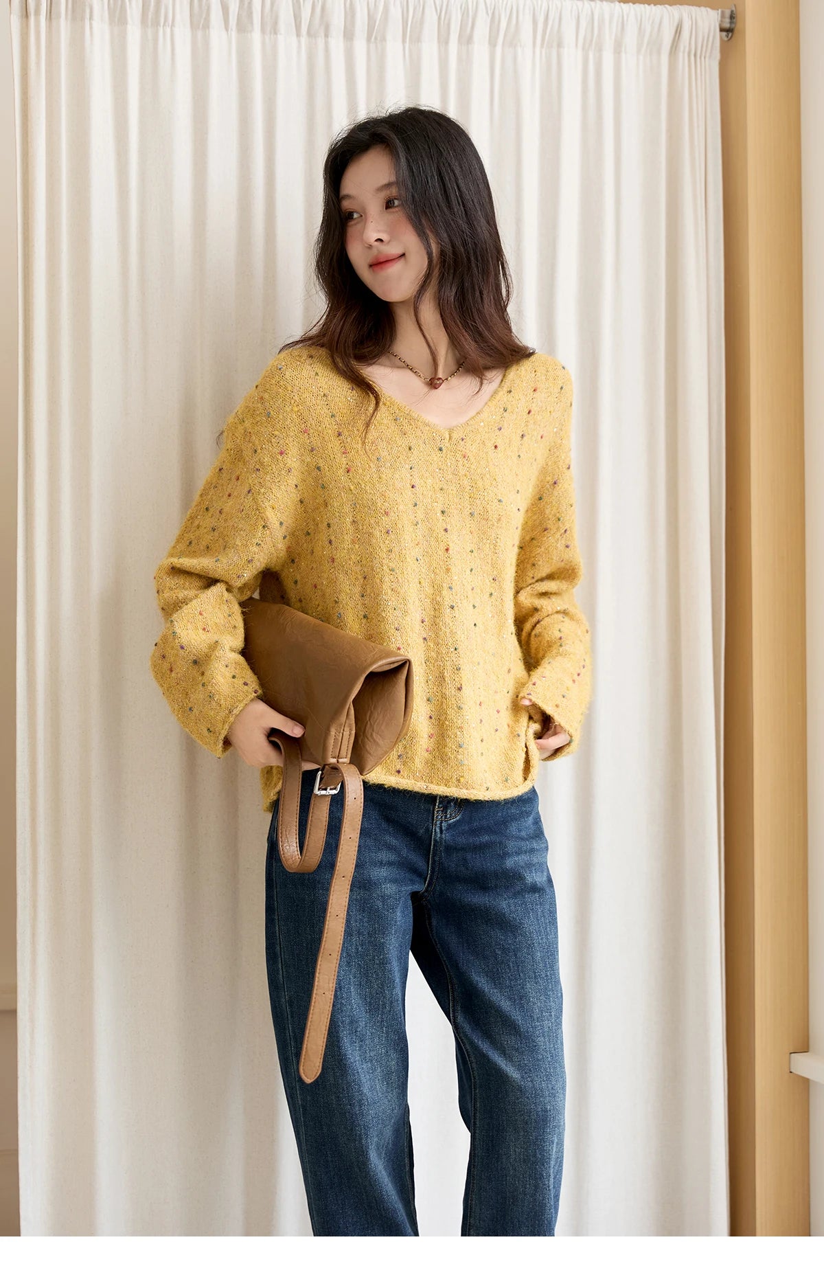 Mishow Retro Yellow Sequins V-Neck Pullover MXE47Z2572