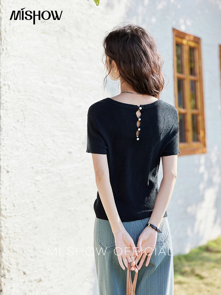 Mishow Back Hollow Pearl Button Knit Tee MXE13Z1072