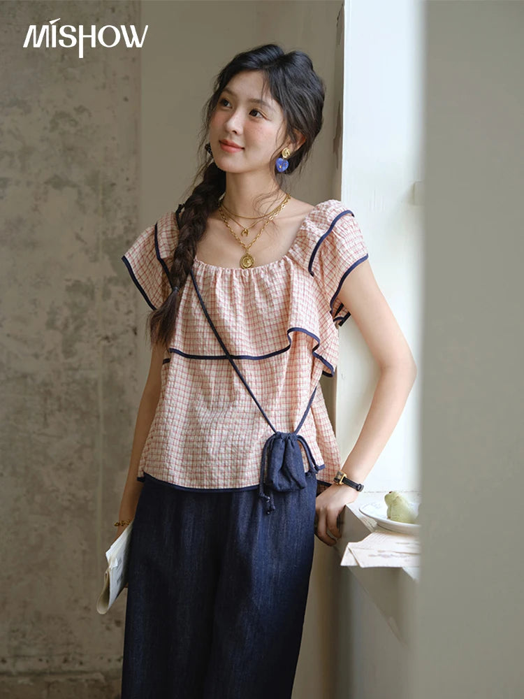 Mishow Square Neck Ruffles Plaid Blouse & High Waist Wide Leg Pants Set MXE36T0636