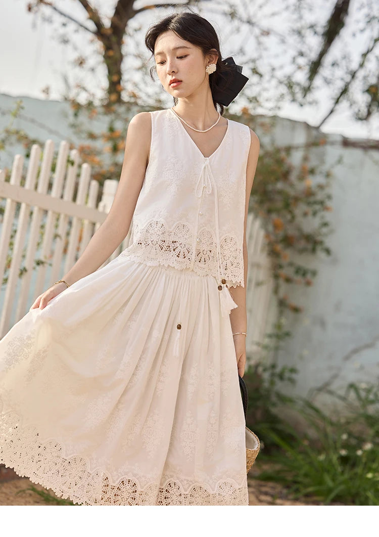 Mishow Embroidery V-Neck Lace Up Top & Elastic Waist Skirt Set MXE33T0593