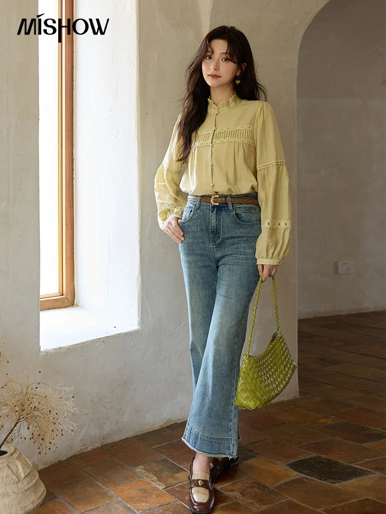 MISHOW Women's Light Yellow Linen Shirt Stand Collar Lace Sleeves MXE42X1976
