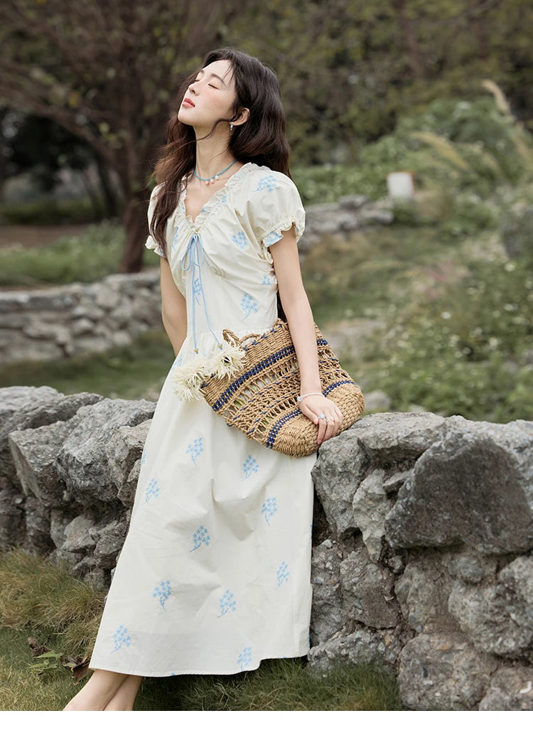 Mishow French Print Puff Sleeve Cotton Dress MXE32L2210