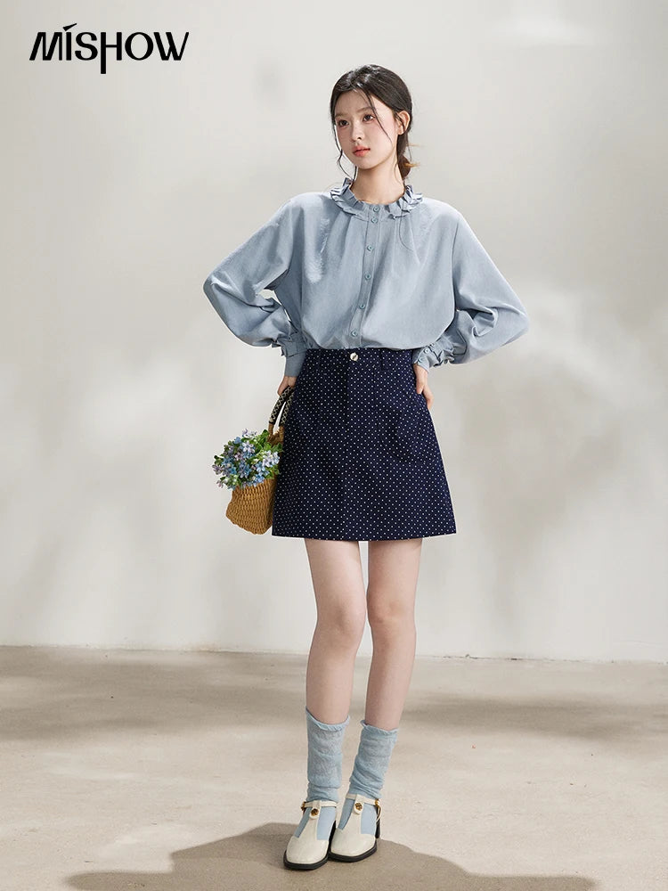 MISHOW Peach Skin Solid Shirt Ruffled Crew Neck MXF11C2431