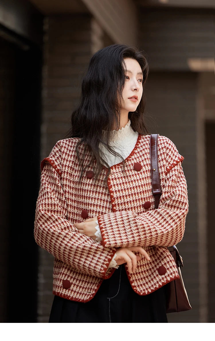 Mishow Red Plaid Double Breasted Tweed Jacket MXD56W0631
