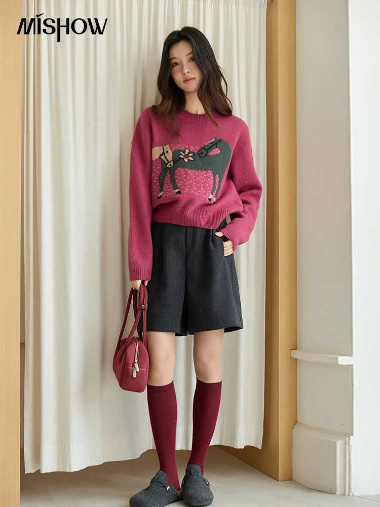 Mishow Red Pony Jacquard Round Neck Pullover MXE48Z2622