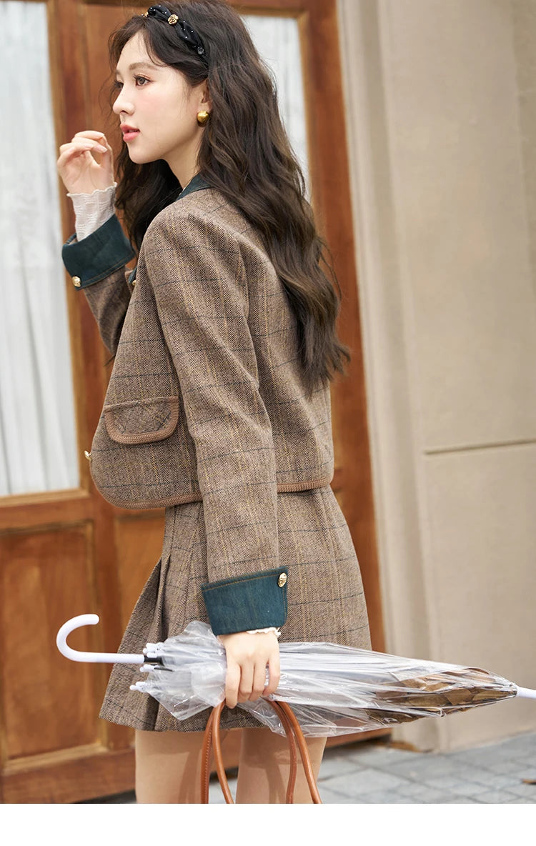 Mishow Fashion Retro Plaid Wool Jacket & Half Pleated Skirt Set MXC47W0154