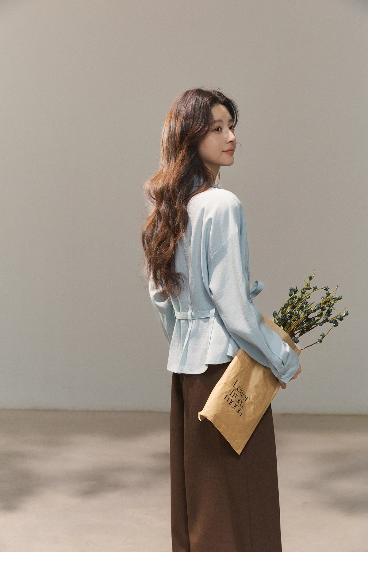 MISHOW Light Blue Lyocell Shirt V-Neck Belted Waist MXF13C2437