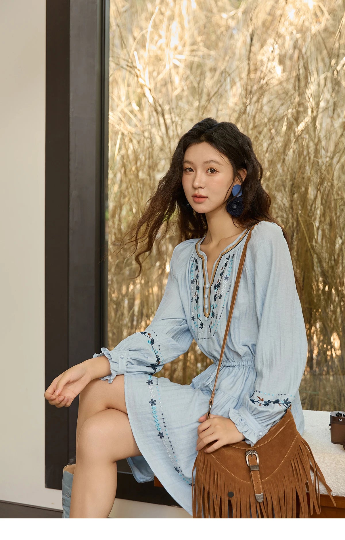 Mishow V-Neck Embroidered Drawstring Bohemian Dress MXE44L2489