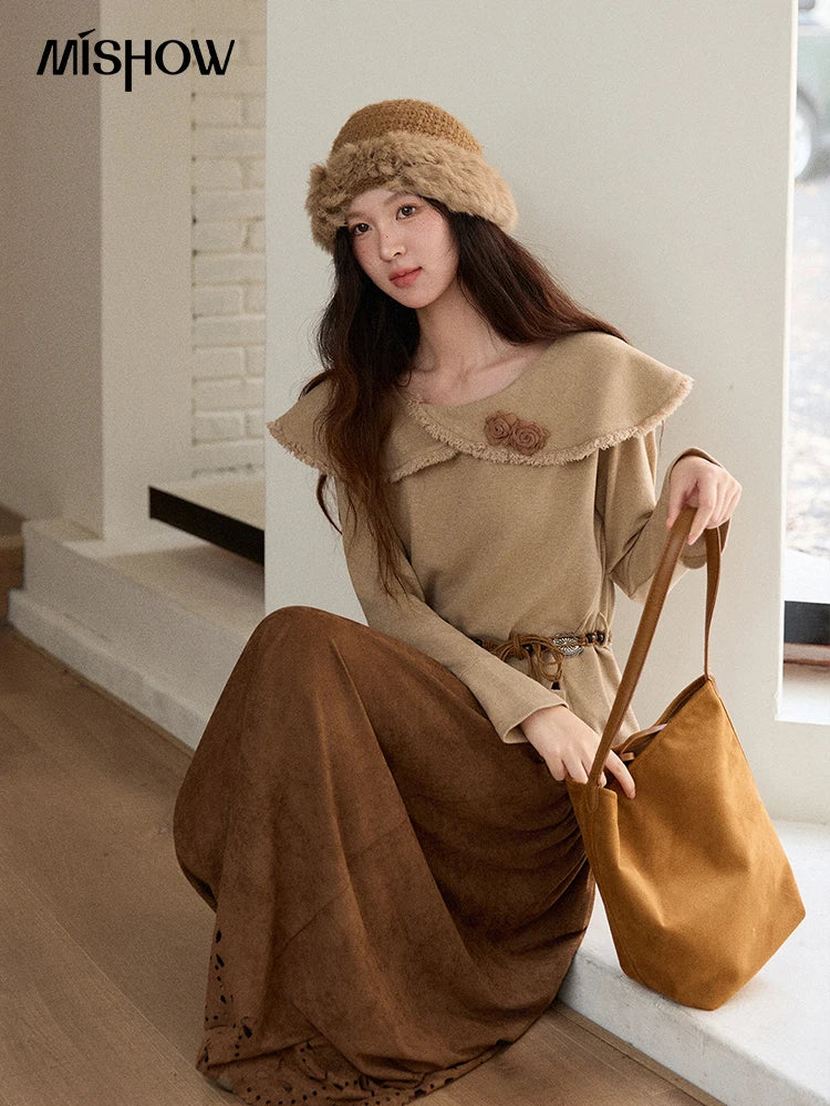 Mishow Retro Brown 3D Flower Decoration Round Neck Top MXE51Z2593