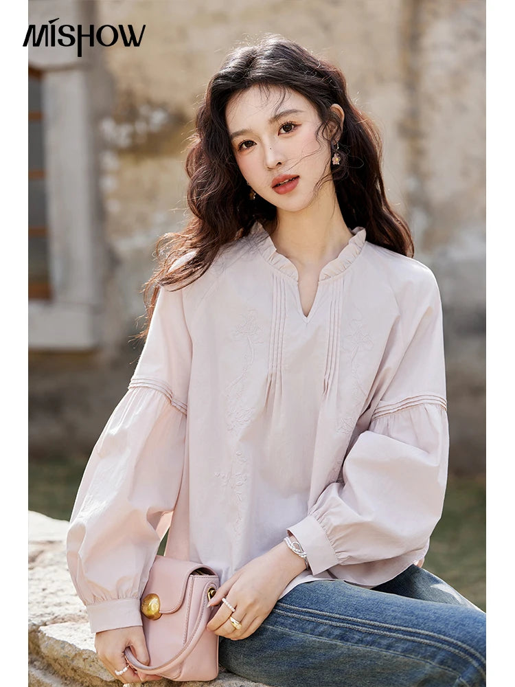 MISHOW Pink Cotton Ruffled Blouse Loose Long Sleeve MXE13X1699