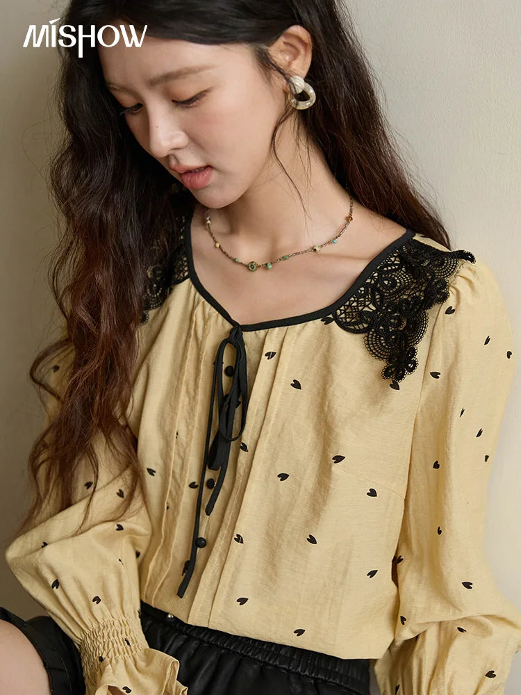 MISHOW Yellow Heart Print Shirt Lace Hollow Collar Bubble Sleeve MXE41X1949