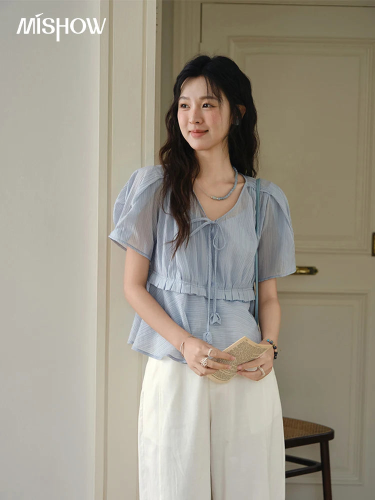 MISHOW V-Neck Blouse Splicing Button Lace Up Short Sleeve MXE34X1821