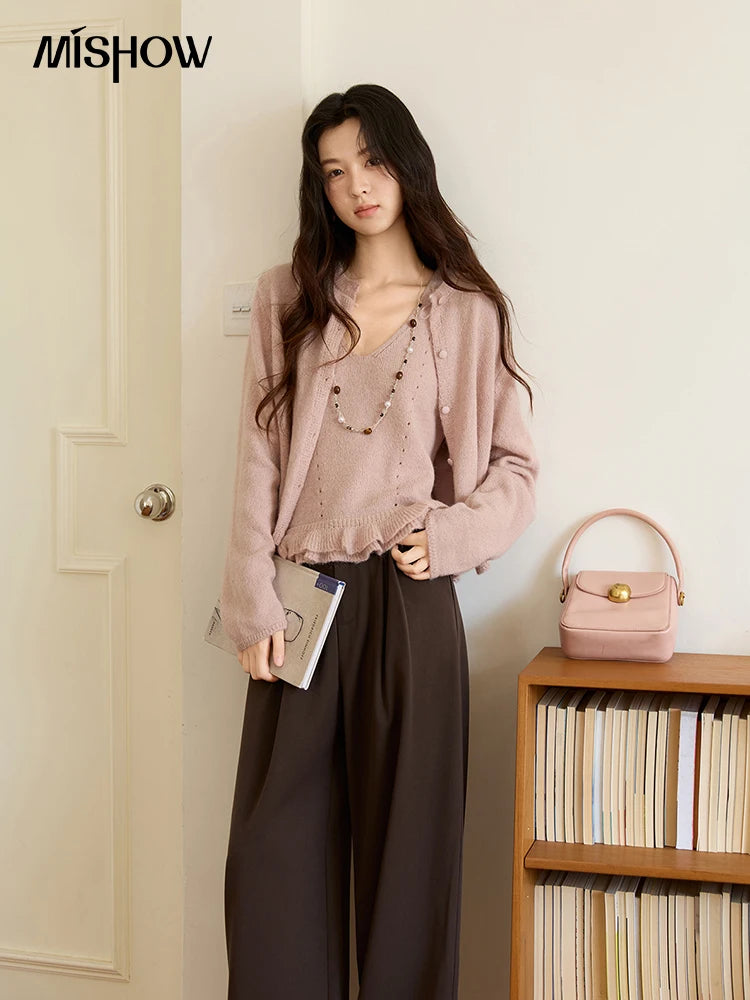 Mishow Pink Crew Neck Cardigan & Suspenders Set MXE48T1404