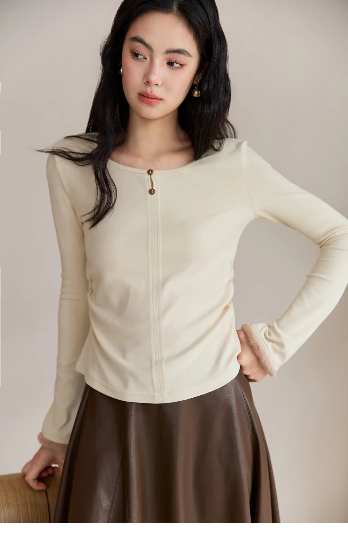 Mishow Apricot Brushed Knit Pleated Pullover MXE48Z2517