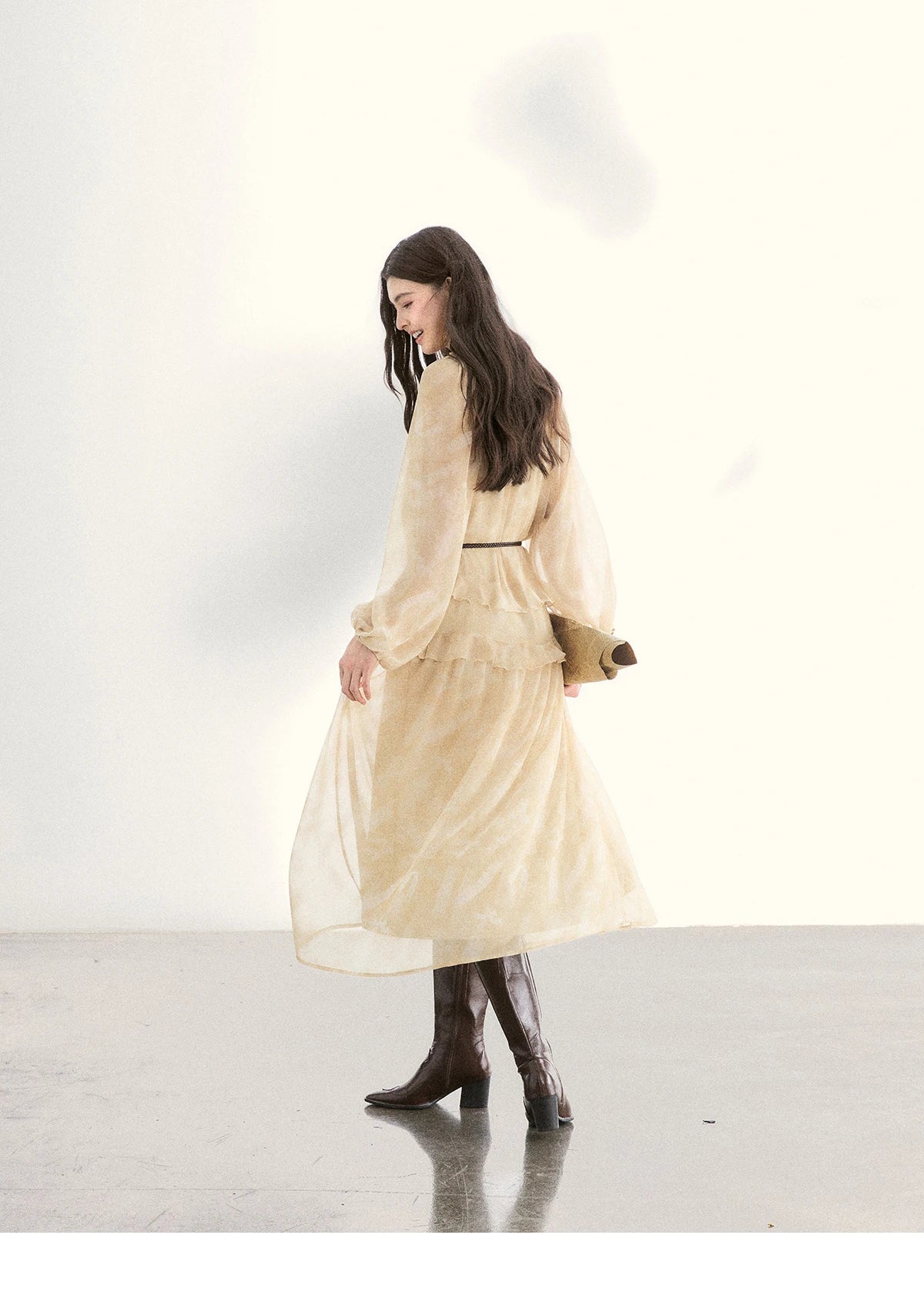 MISHOW Light Yellow Chiffon Maxi Dress V-Neck Ruffled Belted MXF11L2554