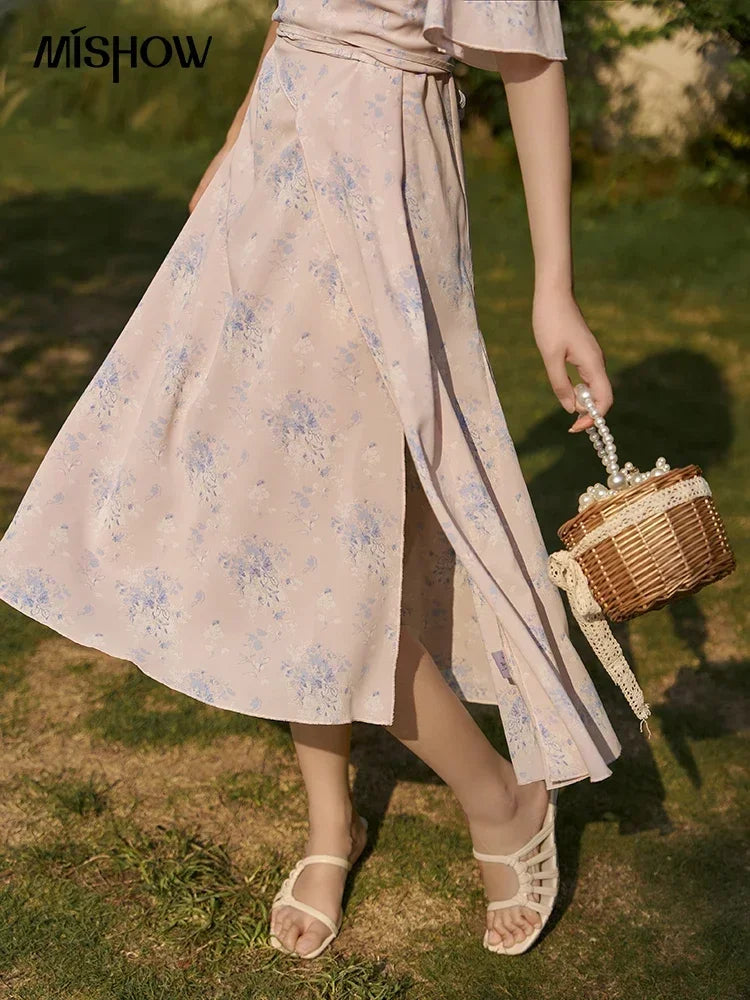 Mishow French Floral Puff Sleeve Lace-Up Dress MXC38L1413