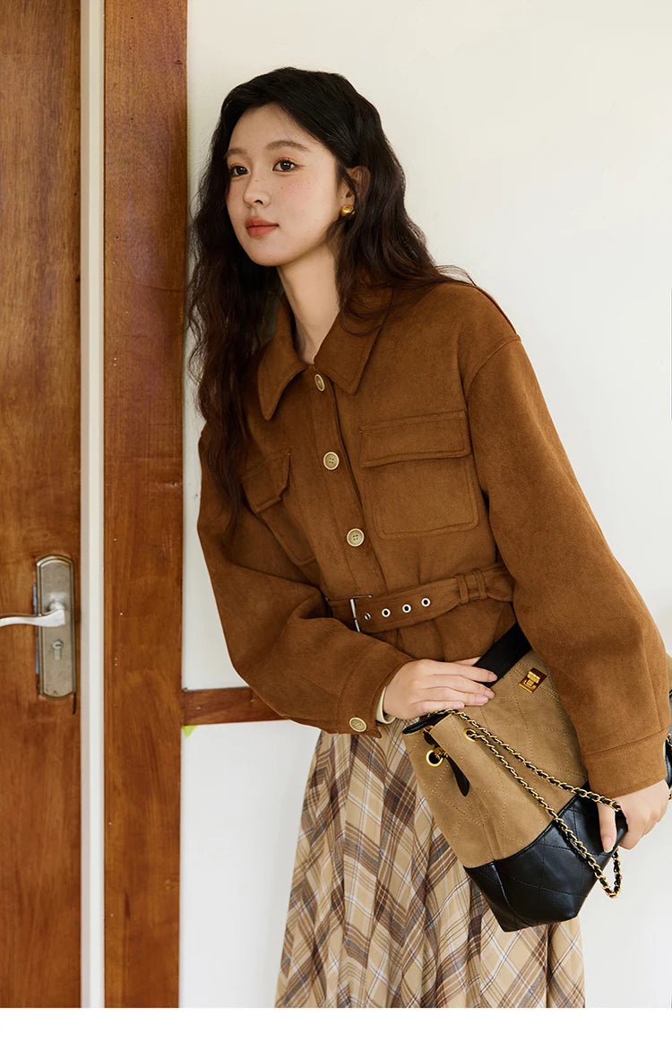 MISHOW Brown Lapel Jacket Metal Button Decorated Windproof MXE46W0864