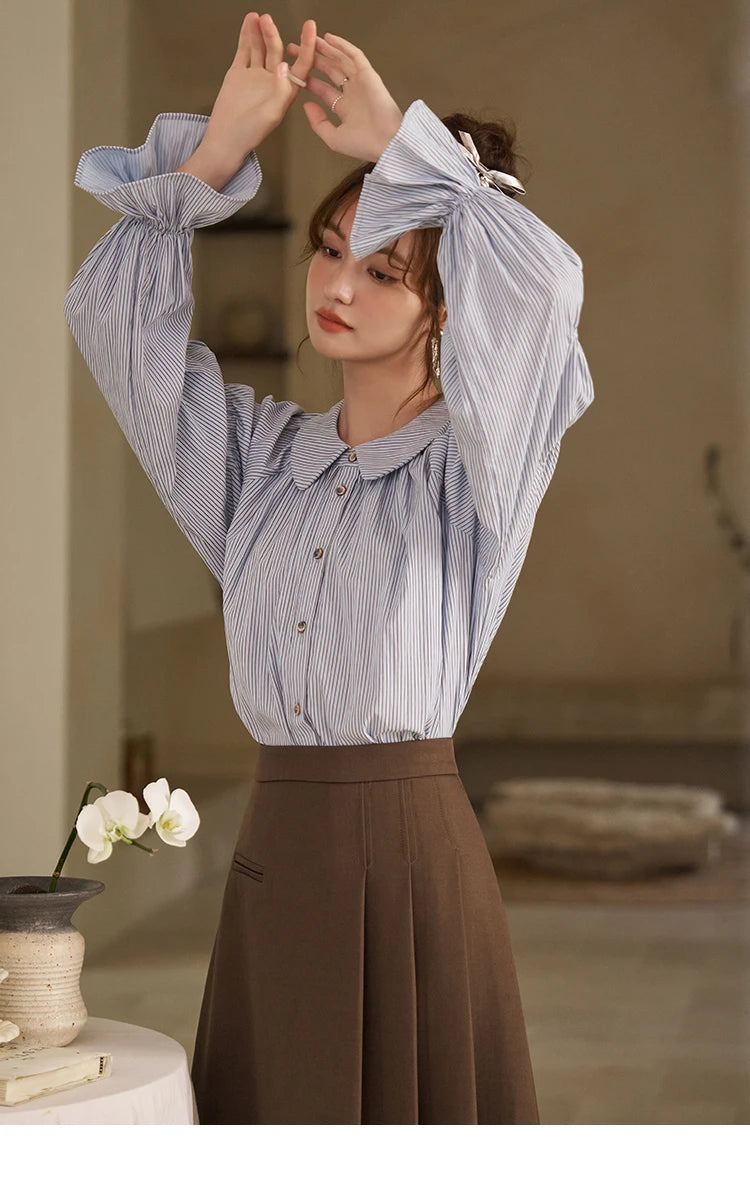 MISHOW Blue Stripe Shirt Bubble Sleeves Doll Neck MXD12C0163