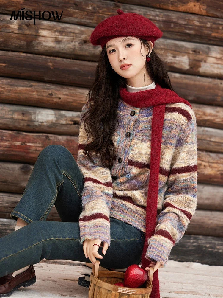 Mishow Striped Contrast Color O-Neck Cardigan MXD59Z1061