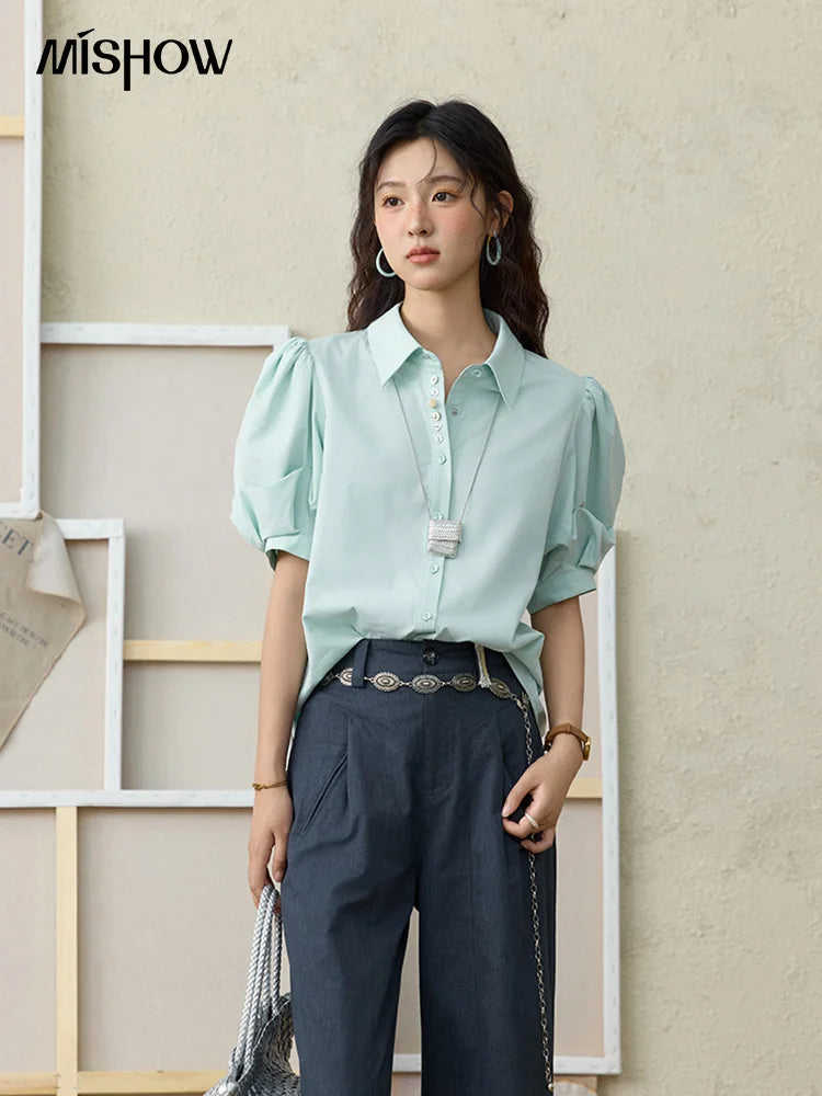 MISHOW Light Green Bubble Sleeve Shirt Lapel Collar Irregular Buttons MXE34C0788
