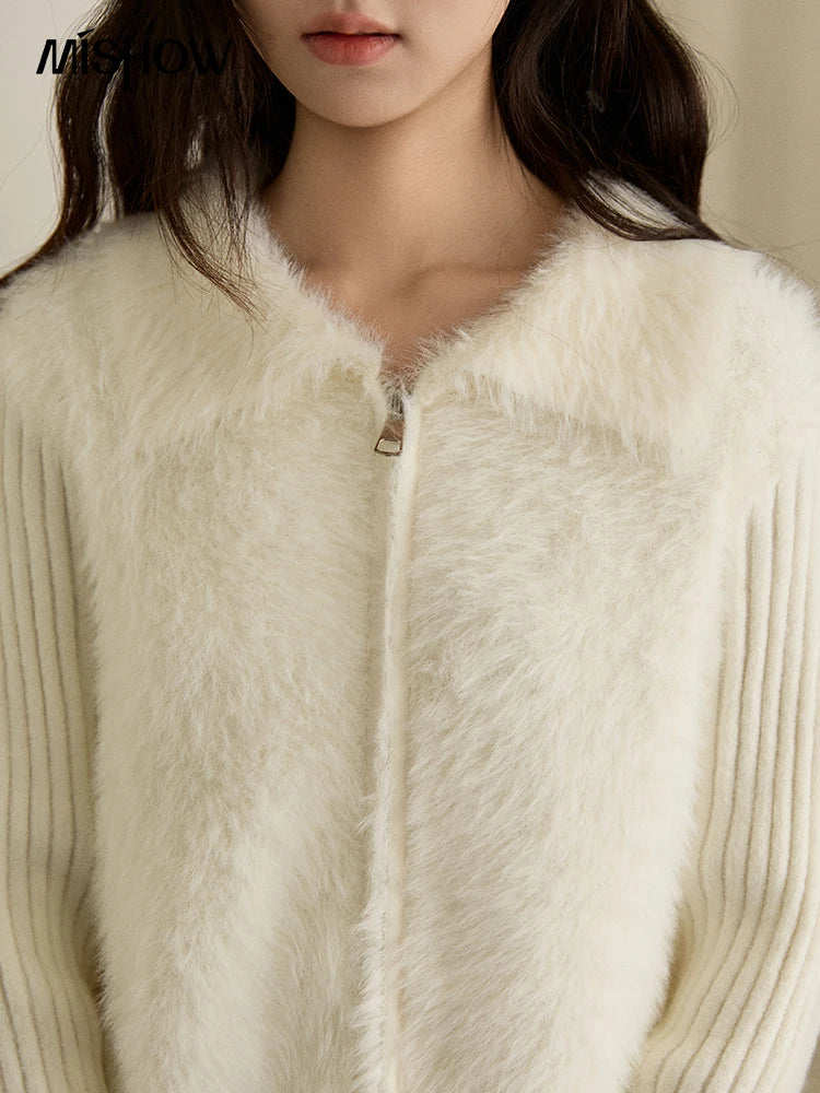Mishow White Faux Fur Fake Two-Piece Zipper Cardigan MXE94Z2992