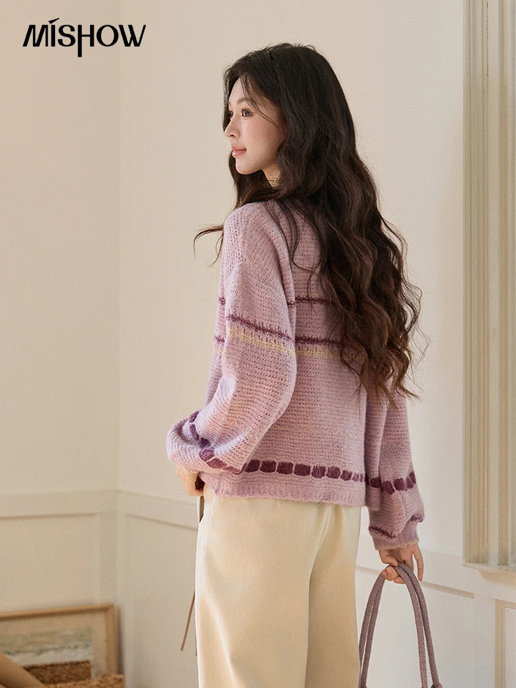 Mishow Lilac Striped Dot Crew Neck Cardigan MXF11Z2897