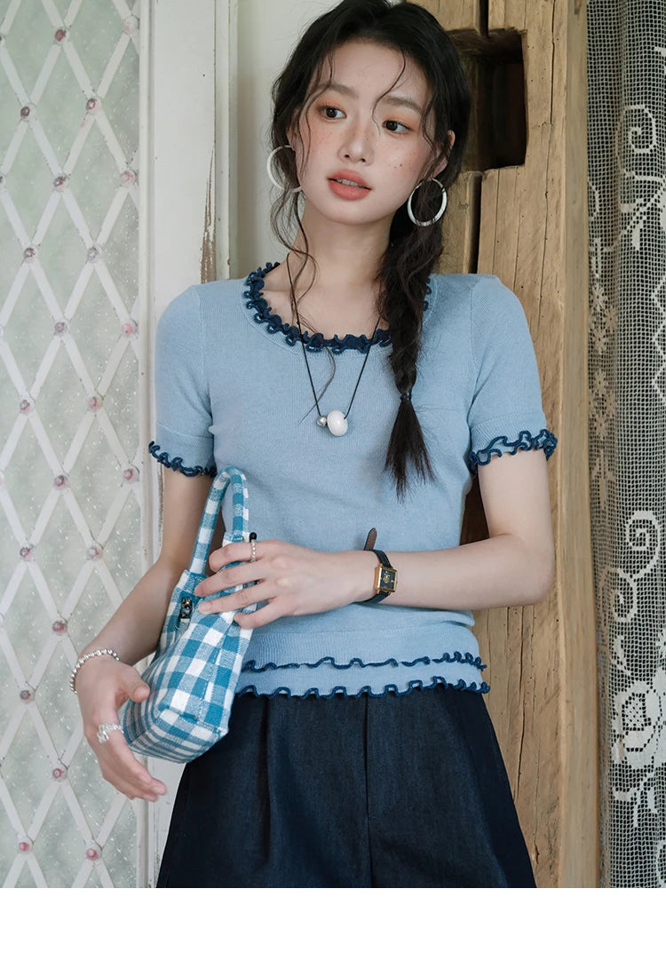 Mishow Round Neck Ear Edge Short Sleeve Tee MXE32Z1233