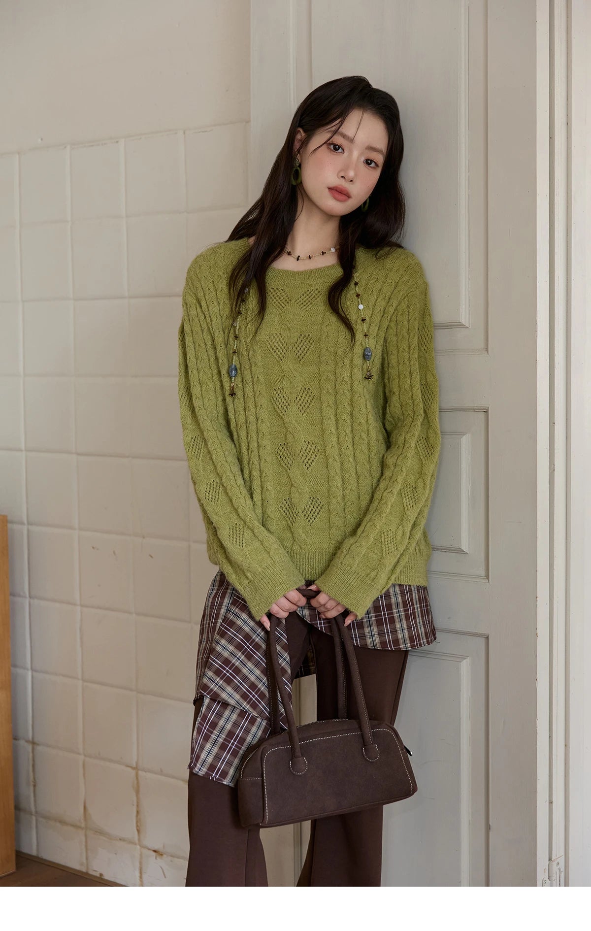 Mishow Green Retro Twisted Rope Hollow Pullover MXE49Z2520