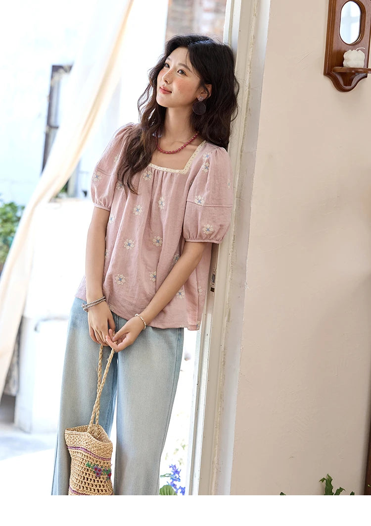 MISHOW Pink Embroidered Linen Blouse Square Collar Lace Patchwork MXE35X1834