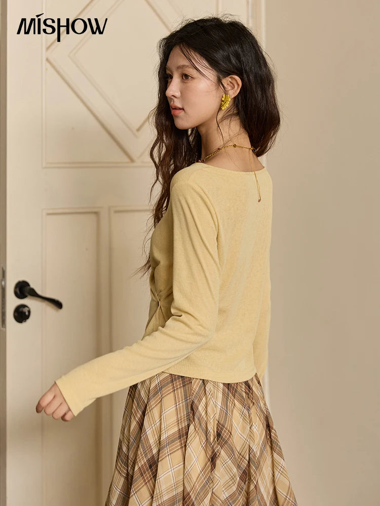Mishow Two-Color Cross-Strap Round Neck Knit Top MXE43Z1344