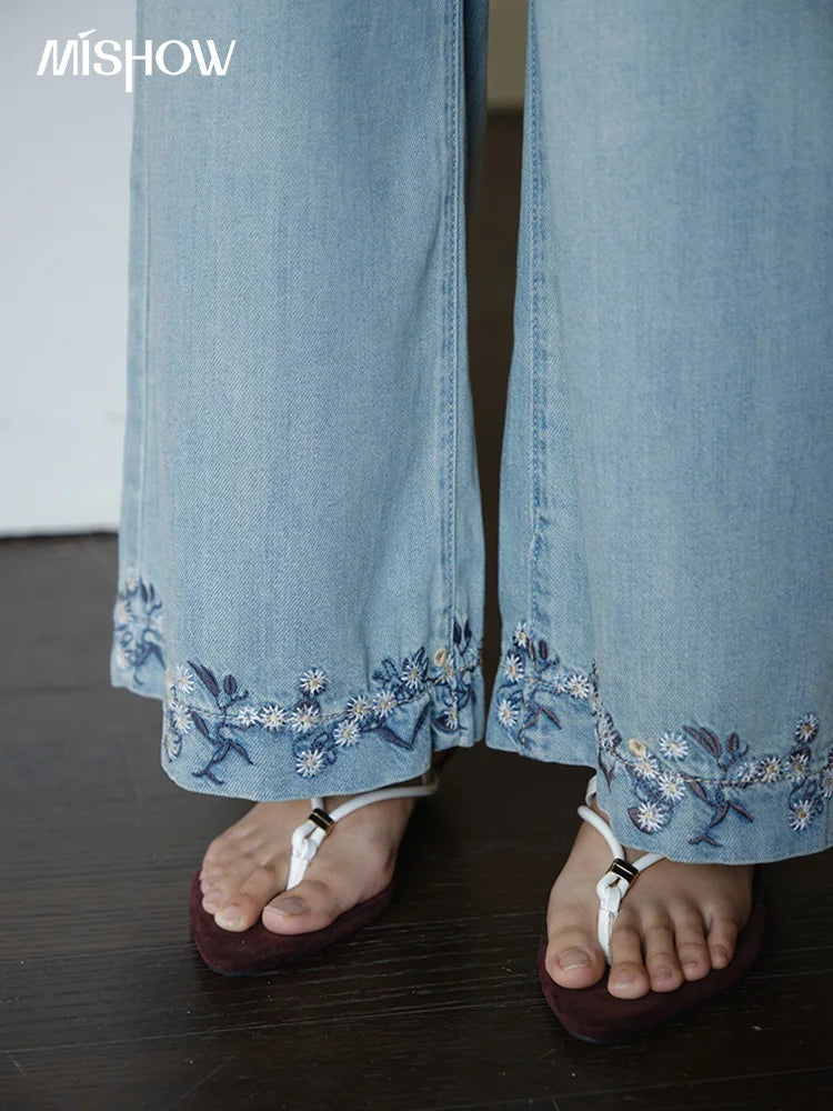 Mishow Flower Embroidery High Waist Wide Leg Jeans MXE37K0991