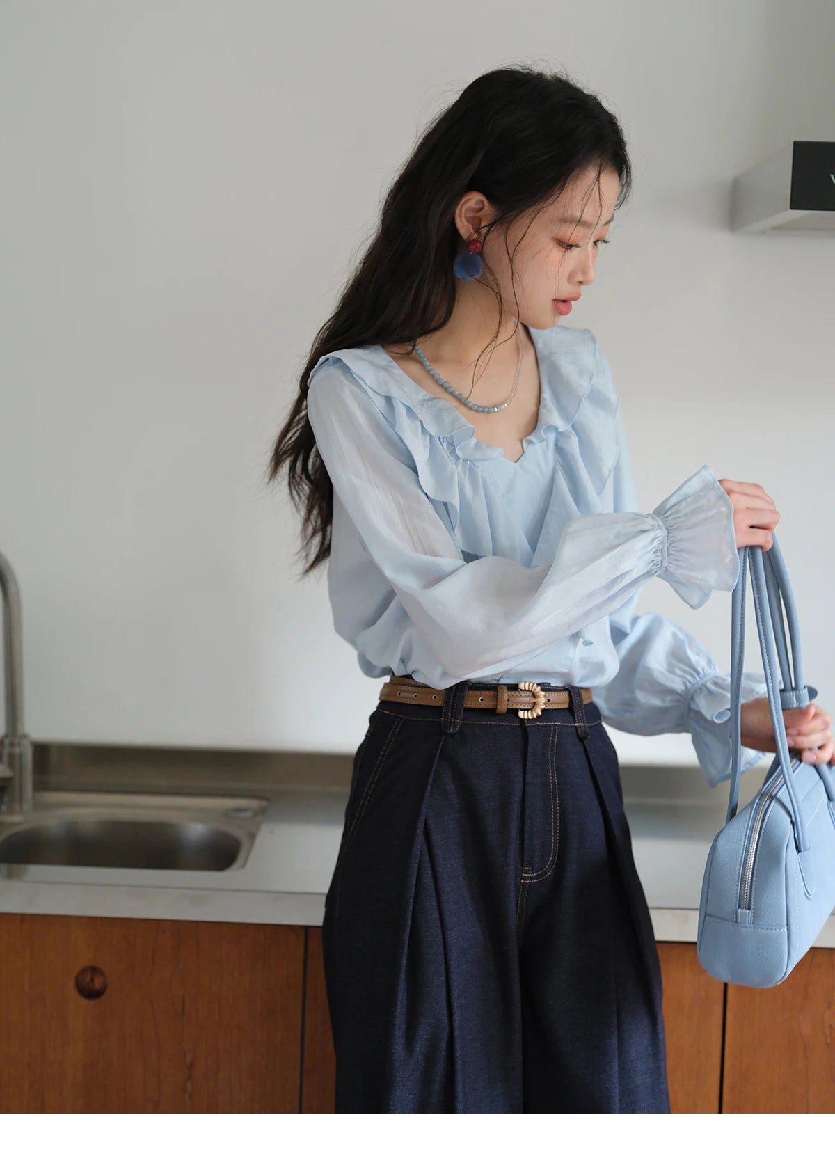 MISHOW Blue Lyocell Ruffled Shirt Flared Sleeves MXE41X1969