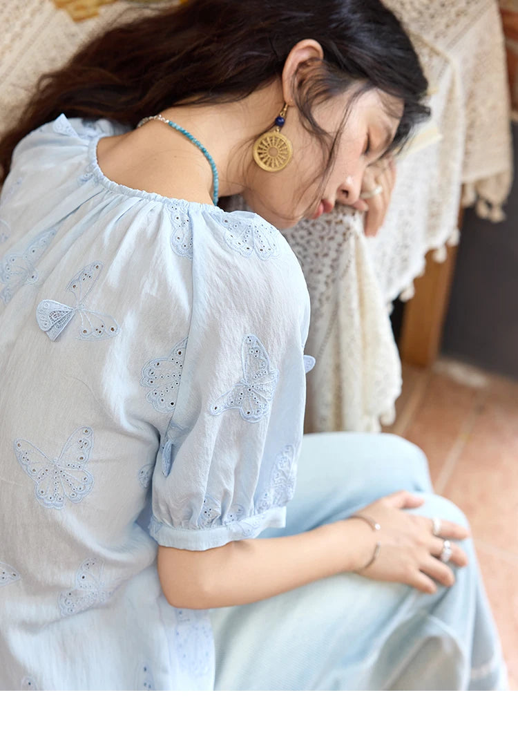 MISHOW Butterfly Embroidery Blouse Hollow Out O-Neck MXE36X1878
