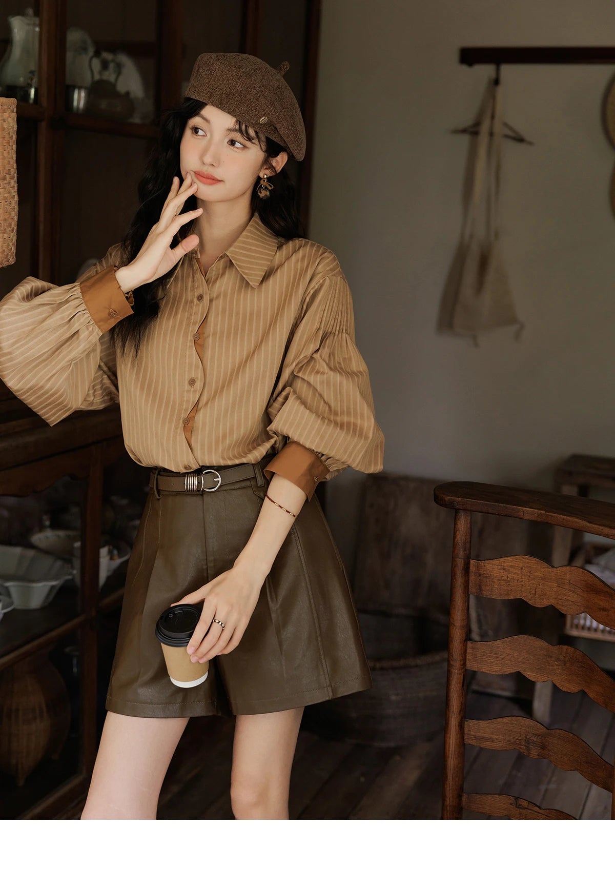 MISHOW Women's Striped Casual Shirt Retro Lapel Contrasting Cuffs MXD42C0301