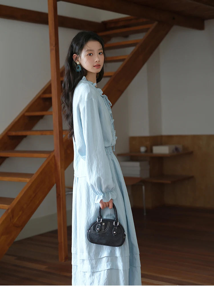 Mishow Light Blue Linen V-Neck Lace-Up Shirt & Elastic Skirt Set MXE41T0700