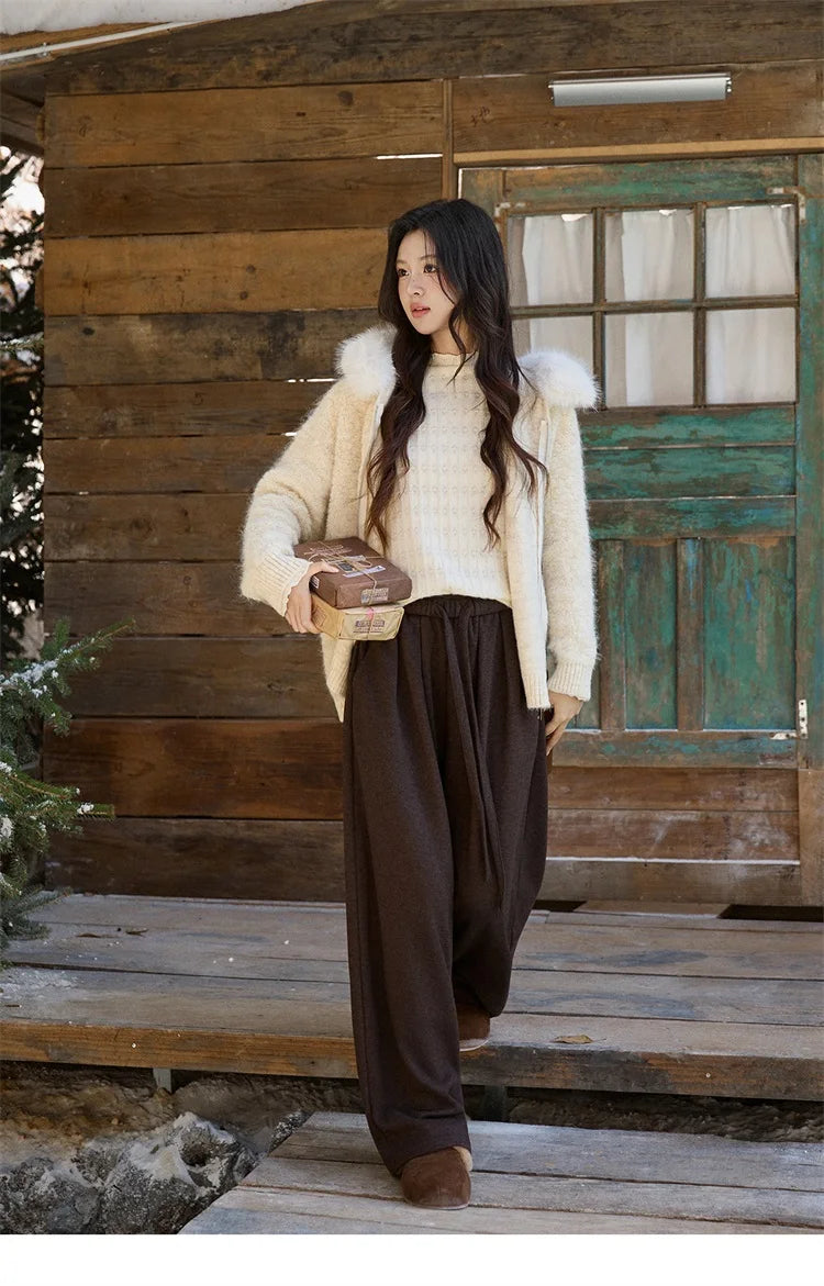 Mishow Beige Fur Hood Zipper Cardigan MXE94Z2963