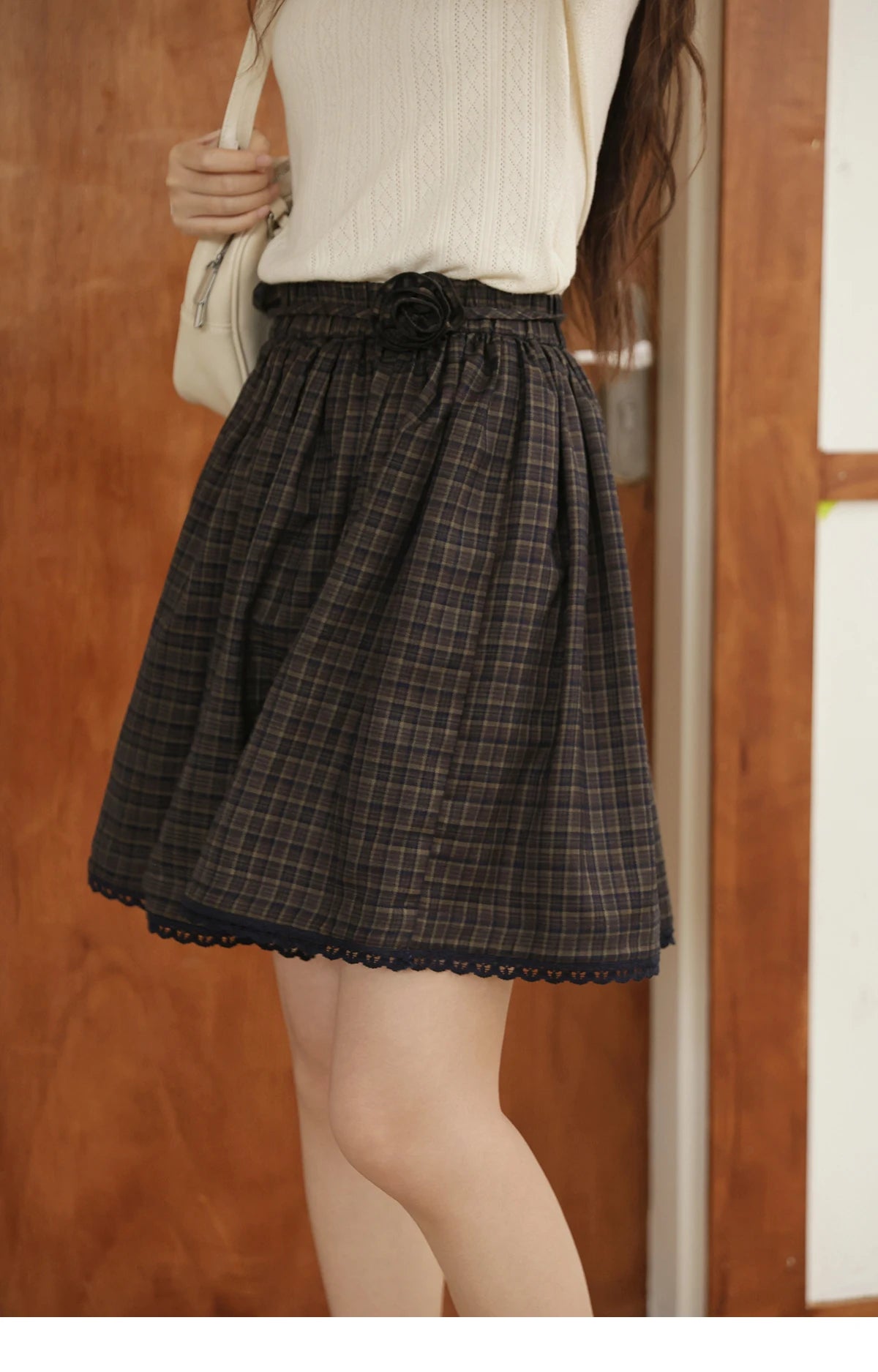 Mishow Green Plaid Handmade Flower Lace Skirt MXE44B2407